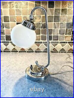 Antique 1930s 40s Art Deco Milk Glass Chrome Accent Light Lamp Machine Age Orb