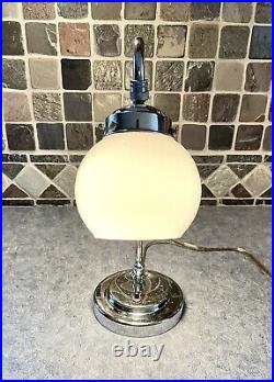 Antique 1930s 40s Art Deco Milk Glass Chrome Accent Light Lamp Machine Age Orb