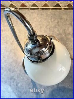 Antique 1930s 40s Art Deco Milk Glass Chrome Accent Light Lamp Machine Age Orb