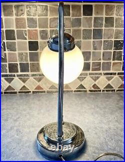 Antique 1930s 40s Art Deco Milk Glass Chrome Accent Light Lamp Machine Age Orb