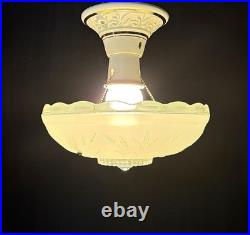 Antique 1930s 40s Art Deco Nouveau Green Porcelier Glass Ceiling Light Original