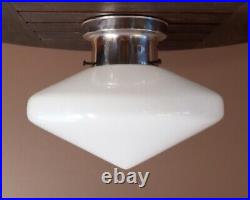 Antique 1930s 40s Art Deco Nouveau Milk Glass & Chrome Ceiling Light Fixture