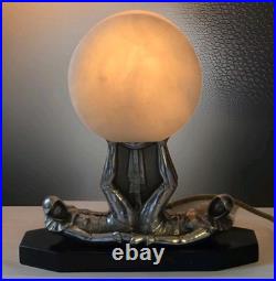 Antique 1930s Art Deco Pierrot Table Lamp Alabaster Globe Marble Base