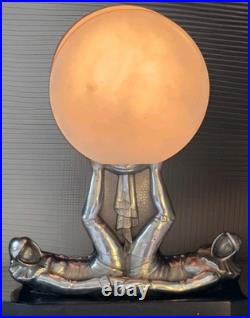 Antique 1930s Art Deco Pierrot Table Lamp Alabaster Globe Marble Base