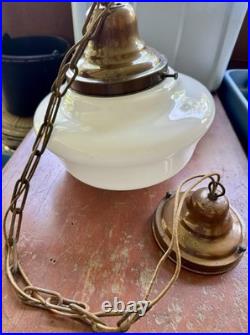 Antique 1930s Schoolhouse Pendant Light Milk Glass Globe Brass Porcelain Socket