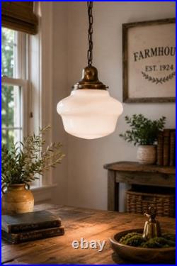 Antique 1930s Schoolhouse Pendant Light Milk Glass Globe Brass Porcelain Socket
