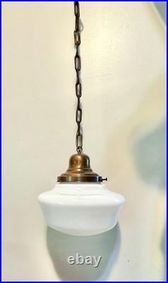 Antique 1930s Schoolhouse Pendant Light Milk Glass Globe Brass Porcelain Socket