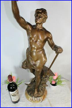 Antique 42.5 huge Spelter bronze Statue sculpture art deco signed Lamp