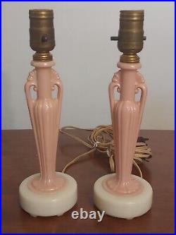 Antique ALADDIN Rose Pink White ALACITE Boudoir Table DRESSER LAMPS Art Deco Set