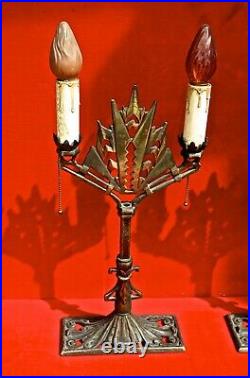 Antique ART DECO CAST IRON PAIR of TABLE LAMPS 22 3/4 Tall with FLAME BULBS