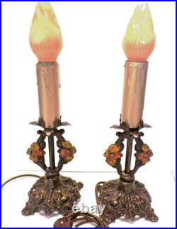 Antique ART DECO Cast Iron Electric Candle Stick Table Lamps Re-wired g