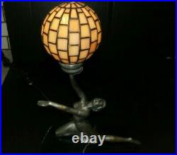 Antique ART DECO LADY LAMP Marble Base Electrified Candelabra Bulb Leaded Globe