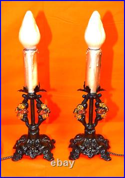 Antique ART DECO MCM Cast Iron Hand Painted Candle Stick Electric Lamps 61RG