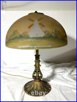 Antique Aladdin Art Deco Reverse Painted Scenic Electric Lamp All Original