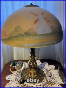 Antique Aladdin Art Deco Reverse Painted Scenic Electric Lamp All Original