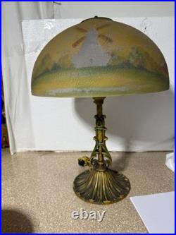 Antique Aladdin Art Deco Reverse Painted Scenic Electric Lamp All Original