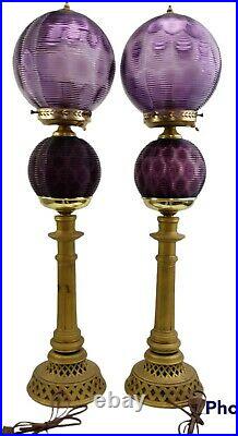 Antique Amethyst Purple Double Globe Parlor Buffet Lamp Set Ribbed Glass