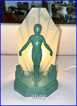 Antique Art Deco 1930's Green Metal Silhouette Nymph Lamp Light