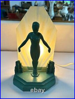 Antique Art Deco 1930's Green Metal Silhouette Nymph Lamp Light