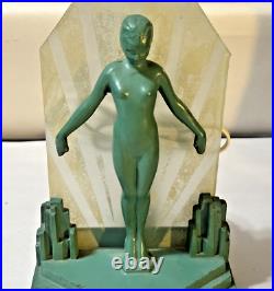 Antique Art Deco 1930's Green Metal Silhouette Nymph Lamp Light