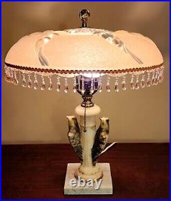 Antique Art Deco Alabaster Marble Eagle/bird Lamp W Nouveau Original Glass Shade