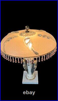 Antique Art Deco Alabaster Marble Eagle/bird Lamp W Nouveau Original Glass Shade