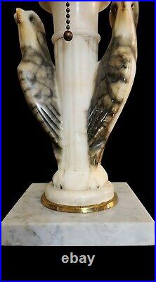 Antique Art Deco Alabaster Marble Eagle/bird Lamp W Nouveau Original Glass Shade