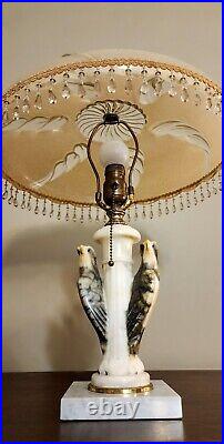 Antique Art Deco Alabaster Marble Eagle/bird Lamp W Nouveau Original Glass Shade