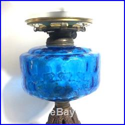 Antique Art Deco Blue Depression Glass Kerosene Banquet Lamp 1920s