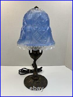 Antique Art Deco Boudoir Table Lamp Painted Shade Cast Iron Base