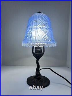 Antique Art Deco Boudoir Table Lamp Painted Shade Cast Iron Base