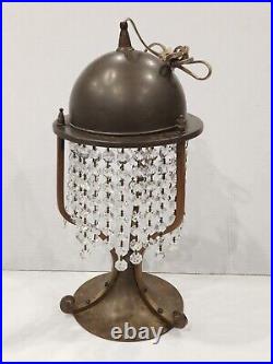 Antique Art Deco Brass & Crystal Pendants Table Lamp