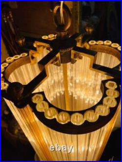 Antique Art Deco Brass & Glass Rod Beautiful Ceiling Hanging Chandelier Lamp