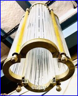 Antique Art Deco Brass & Glass Rod Chandelier Glamorous Hanging Ceiling Lamp Antique Art Deco Brass & Glass Rod Chandelier Glamorous Hanging Ceiling Lamp