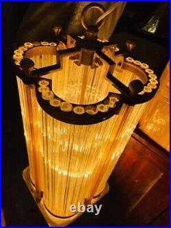 Antique Art Deco Brass & Glass Rod Chandelier Hanging Ceiling Lamp