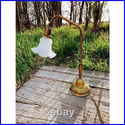 Antique Art Deco Brass Goose Neck Lamp Glass Shade Adjustable
