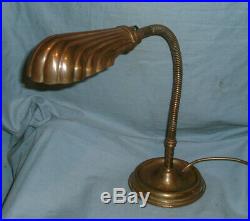 Antique -Art Deco -Brass, Gooseneck Desk / Table Lamp With Clam Shell Shade