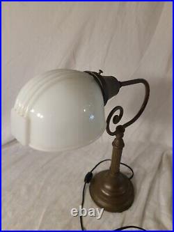 Antique Art Deco Brass Trumpet desk lamp cast with milk shade Working Conditon