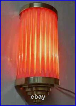 Antique Art Deco Brass Wall Sconce Pink Glass Rod Lamp Skyscraper Light