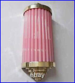 Antique Art Deco Brass Wall Sconce Pink Glass Rod Lamp Skyscraper Light