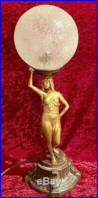 Antique Art Deco Bronze Spelter Signed German Semi Nude Risque Lady Lamp Light