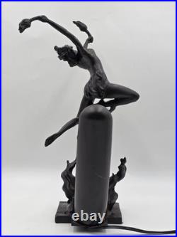 Antique Art Deco Bronze Statue Sculpture Lady Flame Leaper Ferdinand Priess Lamp