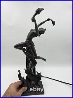 Antique Art Deco Bronze Statue Sculpture Lady Flame Leaper Ferdinand Priess Lamp