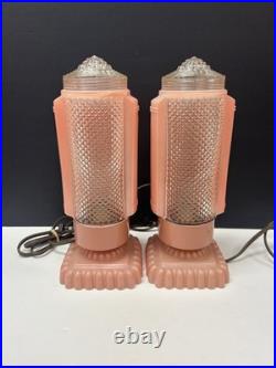 Antique Art Deco Bullet Torpedo Skyscraper Pink Glass Table Lamps Pair. 1930's