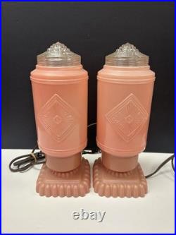 Antique Art Deco Bullet Torpedo Skyscraper Pink Glass Table Lamps Pair. 1930's