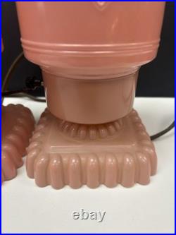 Antique Art Deco Bullet Torpedo Skyscraper Pink Glass Table Lamps Pair. 1930's