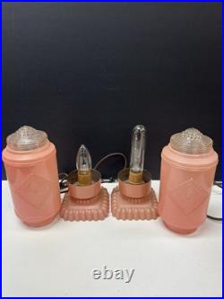Antique Art Deco Bullet Torpedo Skyscraper Pink Glass Table Lamps Pair. 1930's