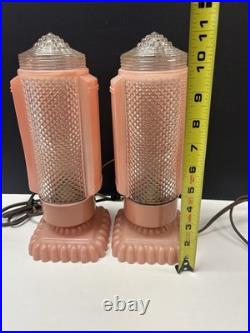 Antique Art Deco Bullet Torpedo Skyscraper Pink Glass Table Lamps Pair. 1930's
