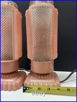 Antique Art Deco Bullet Torpedo Skyscraper Pink Glass Table Lamps Pair. 1930's