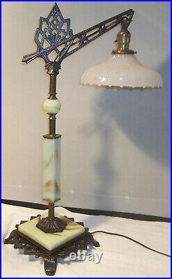 Antique Art Deco Cast Iron Table Top Bridge Lamp Jadite Houze Glass Restored